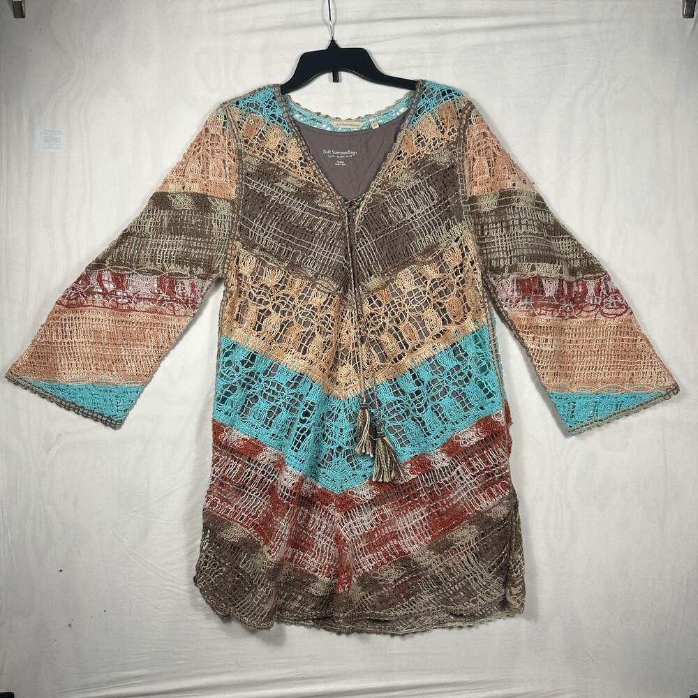 Soft Surroundings XL Aqua Multi Earthy Open Knit Crochet Tunic Top with Cami